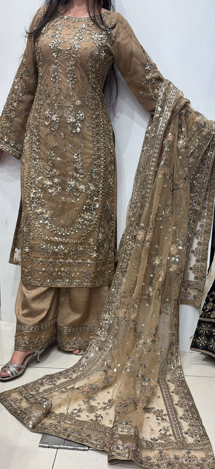 BEIGE GOLD EMBROIDERED & EMBELLDHED 3 PIECE SUIT 349B