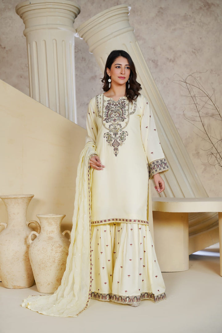 1162C - Cream Embroidered Linen 3 Piece Sharara suit