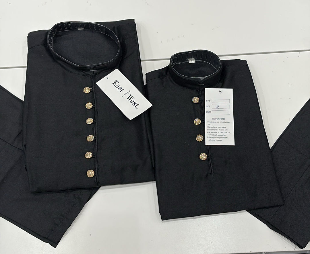 CK603E- Black cotton satin kameez set for Men & Boy