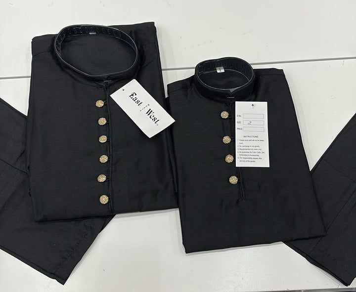 CK603E- Black cotton satin kameez set for Men & Boy