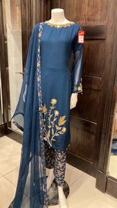 TEAL EMBROIDERED CHIFFON 3 PIECE SUIT 235C