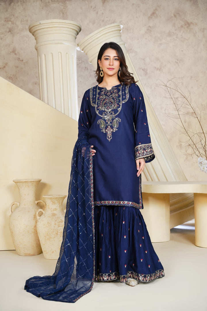 1162D - Blue Embroidered Linen 3 Piece Sharara suit