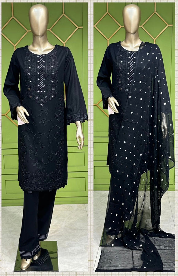 BLACK EMBROIDERED WOOL PEACH 3 PIECE SUIT ZC3090D