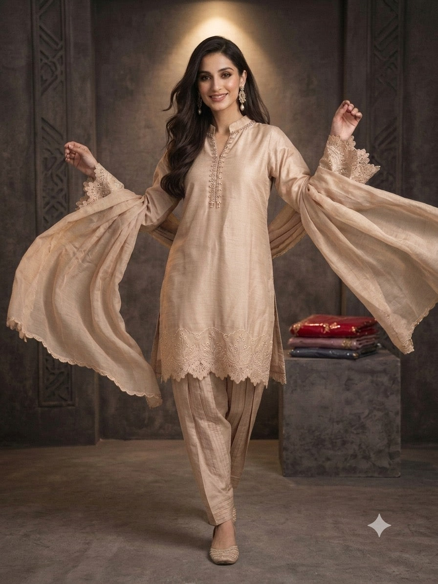 1116D - Beige Embroidered Viscose Shalwar Suit