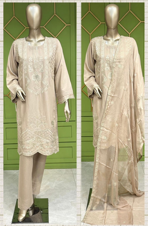 EMBROIDERED WOOL PEACH 3 PIECE SUIT ZC3089A