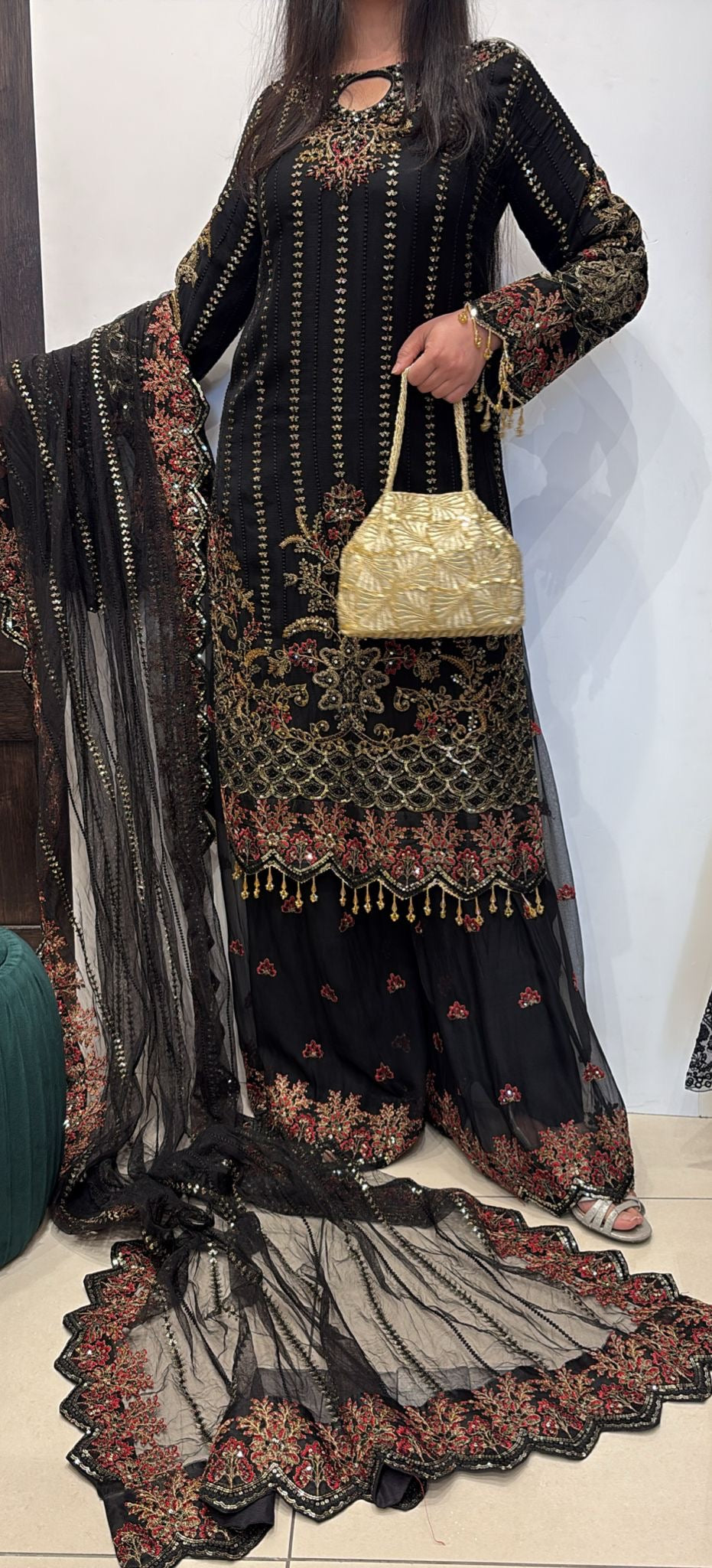 379B - BLACK EMBROIDERED CHIFFON SHARARA SUIT