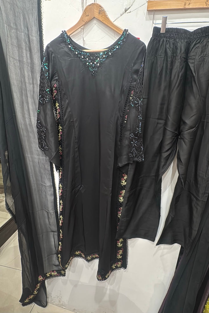 1123D - Black Embroidered Viscose Pakistani Suit with Chiffon Dupatta - East meets west clothing 