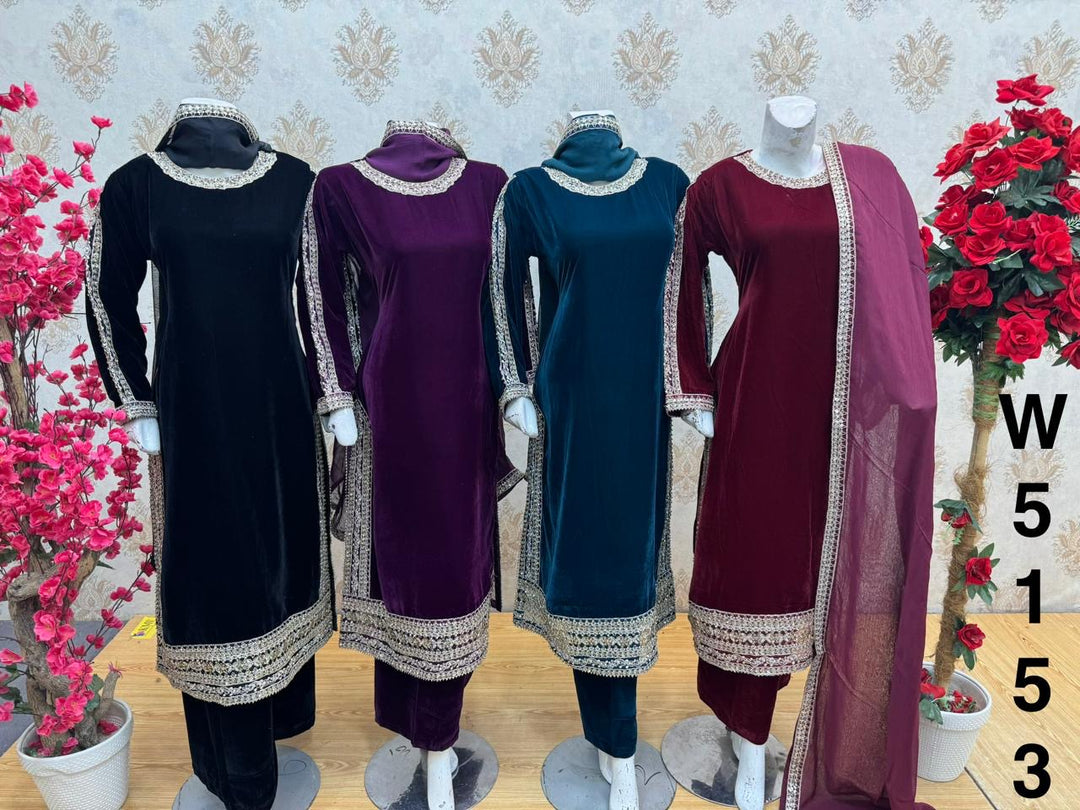 W5153 LUXURY VELVET EMBROIDERED 3 PIECE SUIT - East meets west clothing 