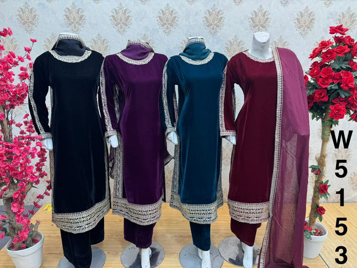 W5153 LUXURY VELVET EMBROIDERED 3 PIECE SUIT - East meets west clothing 