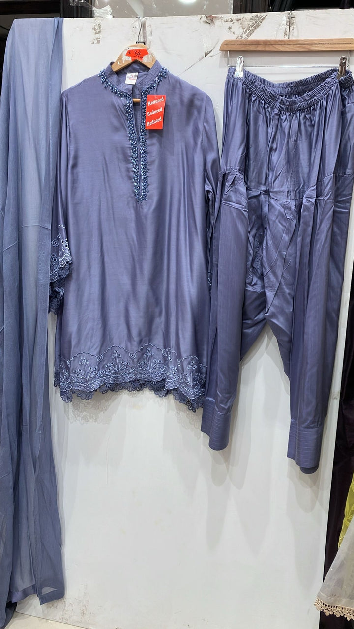 1116R - Lavender Blue Viscose Silk Shirt with Farshi Shalwar & Chiffon Dupatta