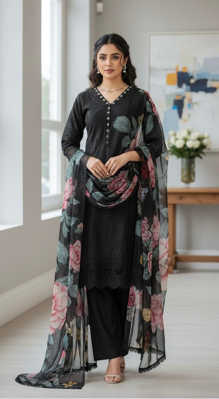 EMBROIDERED CHIKANKARI COTTON 3 PIECE SUIT 147A