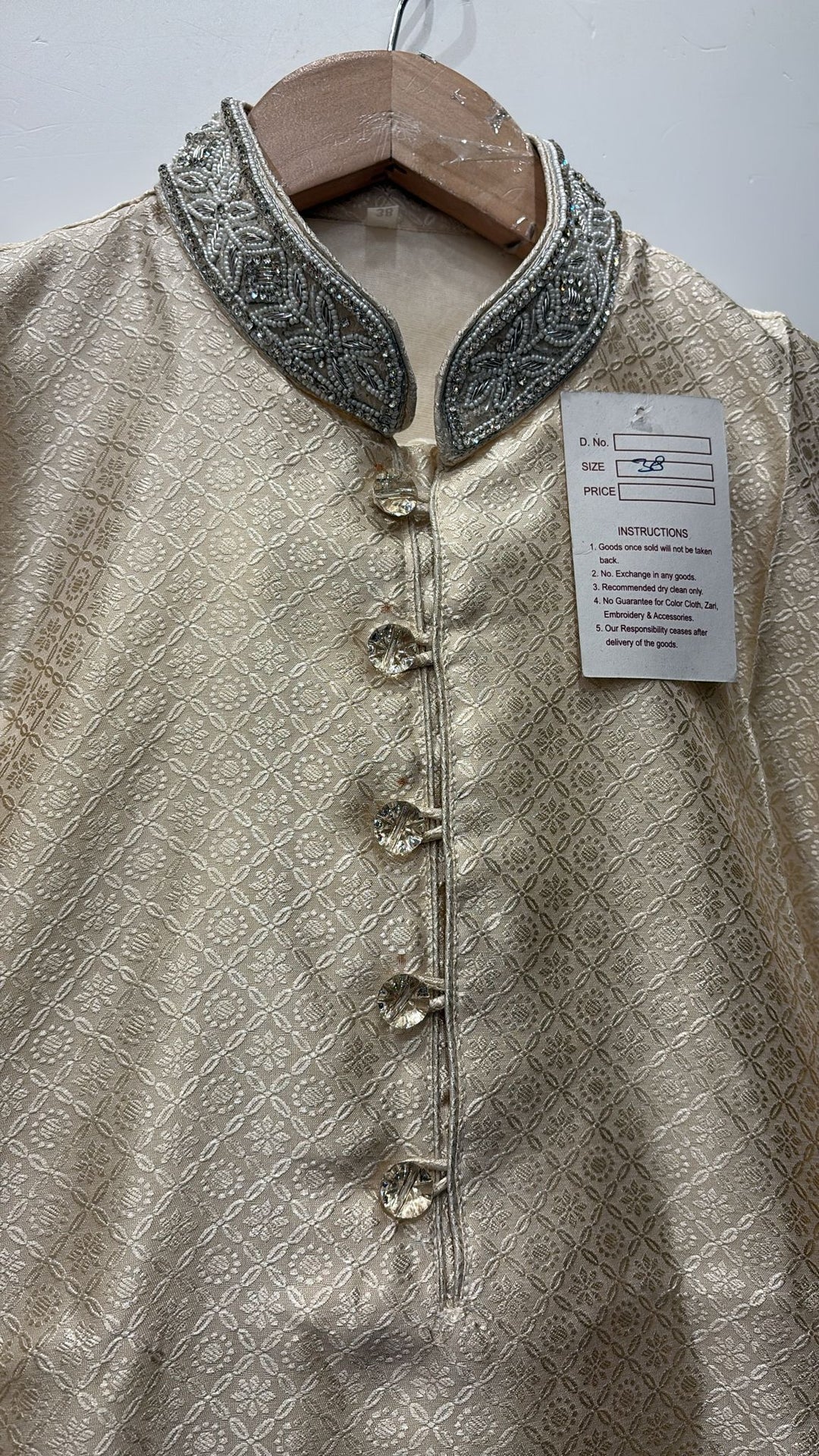 MSJ04 - Light Beige Gold Embroidered Jacquard Silk Kurta Trousers Set for Men and Boys