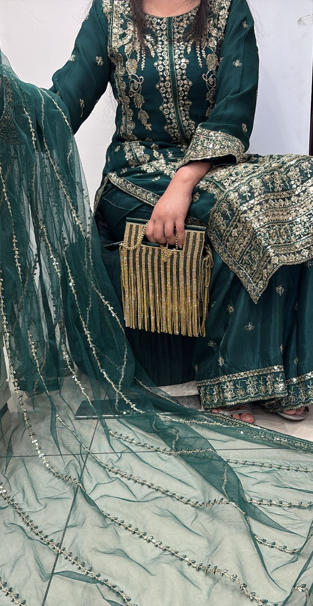 386B -GREEN CHIFFON EMBROIDERED SHARARA SUIT