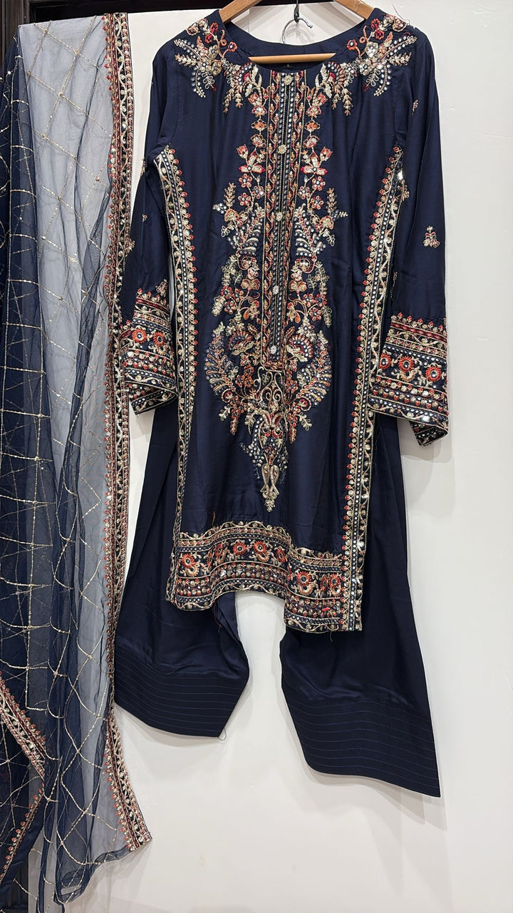 FR01 - BLUE EMBROIDERED VISCOSE SILK SUIT WITH FARSHI SHALWAR