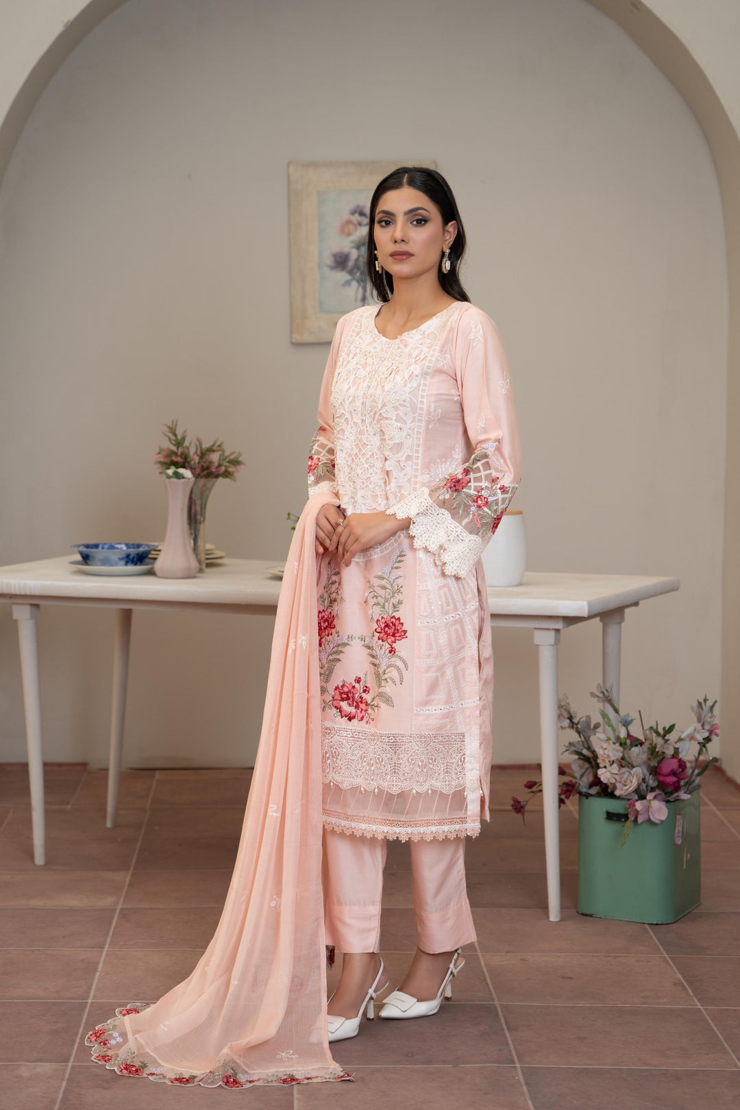 1141D - Peach Embroidered Linen 3 Piece suit