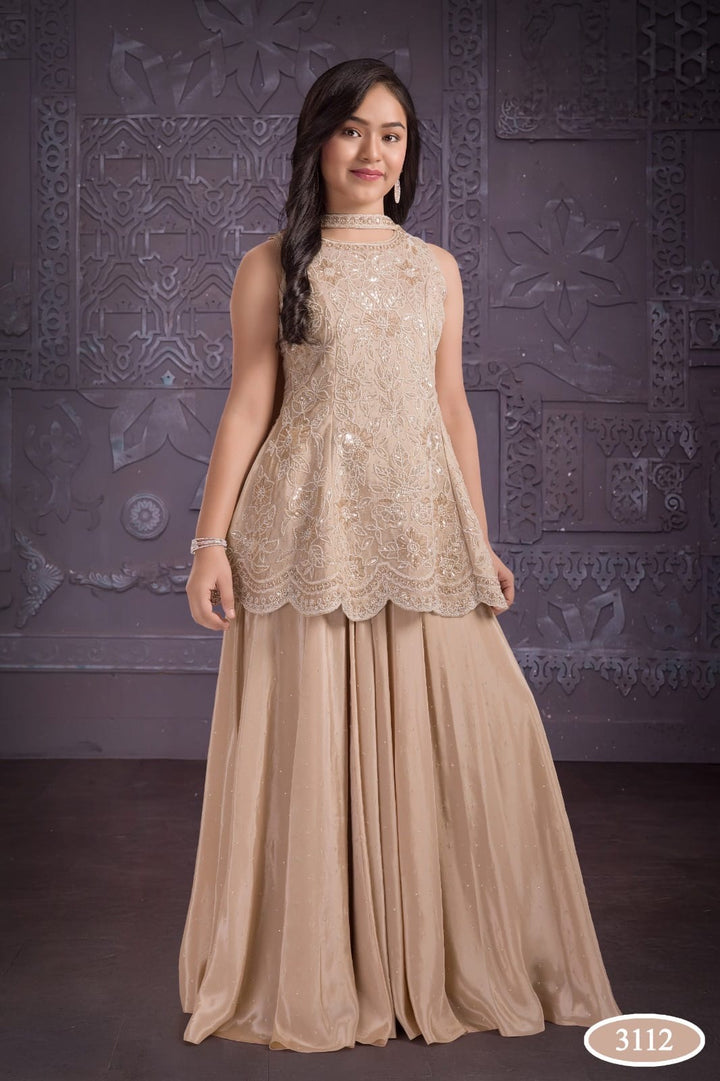 3112B - GIRLS BEIGE GOLD EMBROIDERED SHARARA DRESS