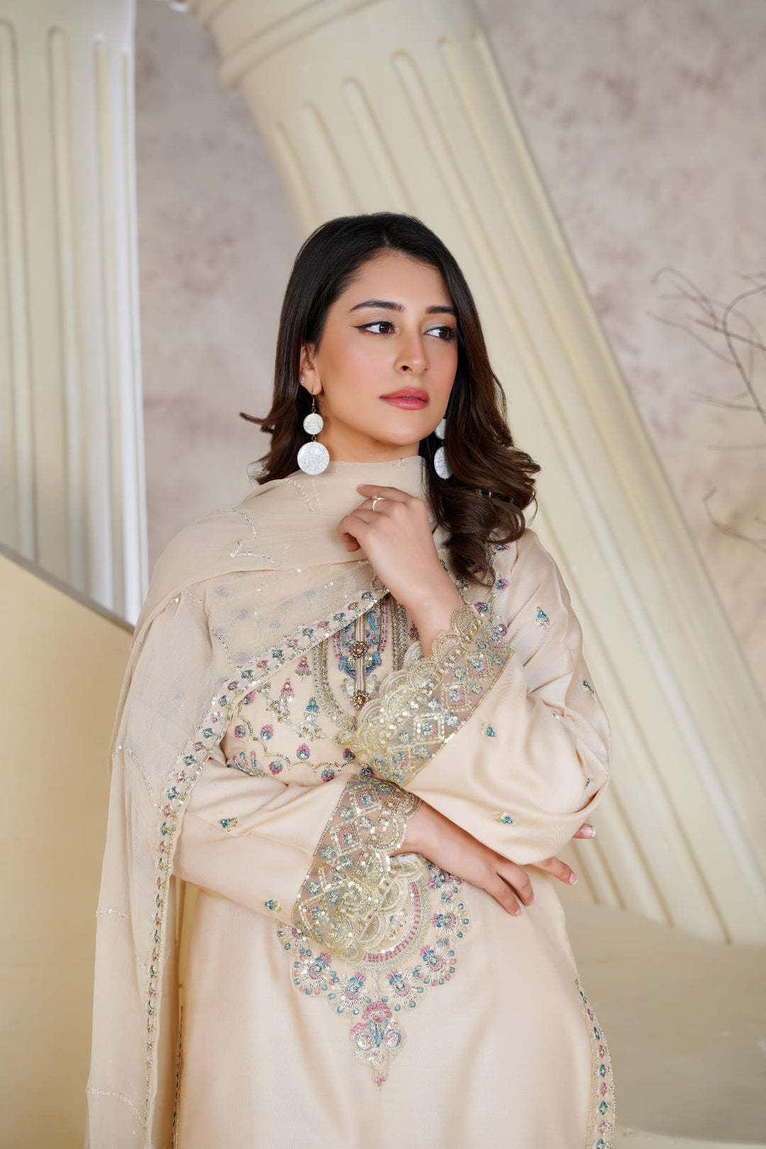 1162B - Beige Embroidered Linen 3 Piece Sharara suit