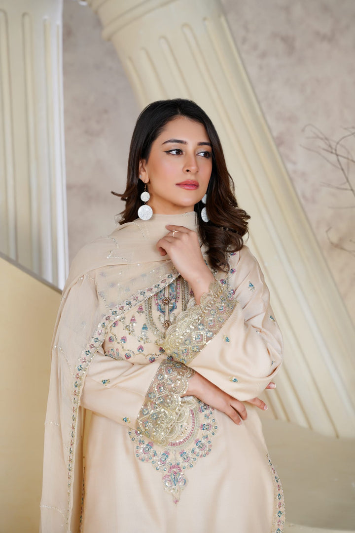 1162B - Beige Embroidered Linen 3 Piece Sharara suit