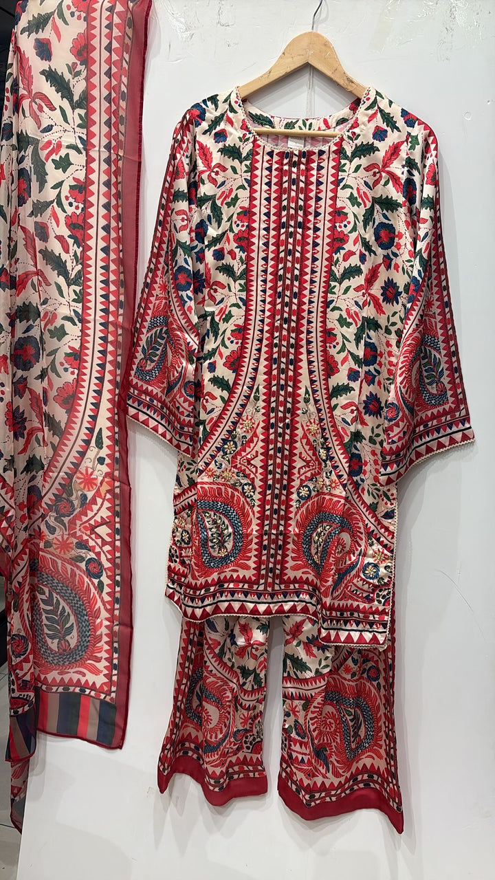 TSH10- EMBELLISHED SILK PRINT 3 PIECE SUIT