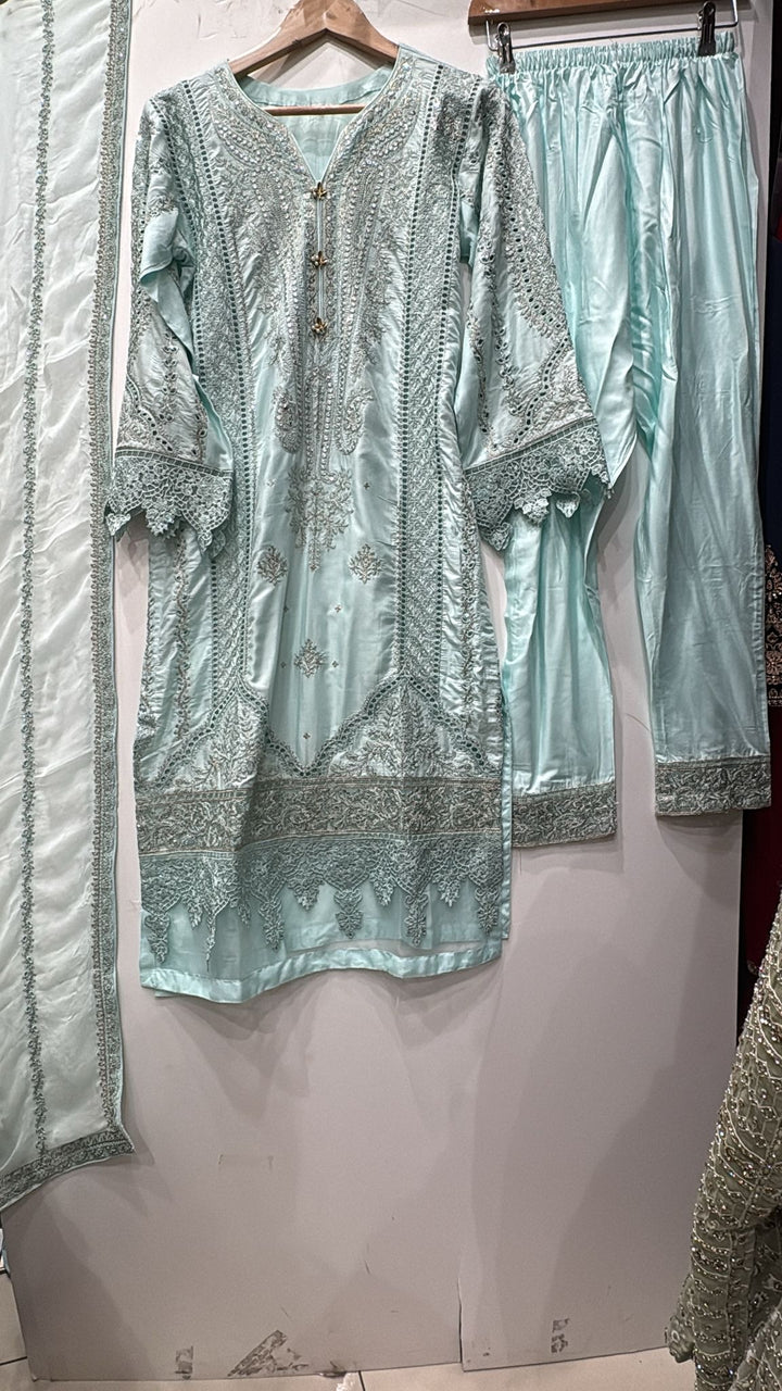 1153A - Light Blue Embroidered Linen 3 Piece suit