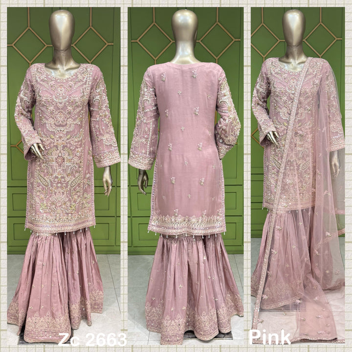 353B - Pink Embroidered Chiffon Gharara 3 Piece Suit
