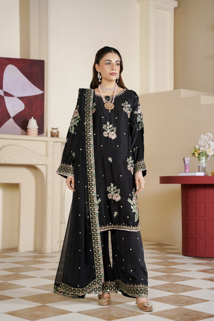 333B - Black Embroidered Shamoz Silk 3 Piece Suit