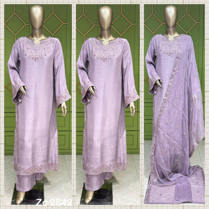 Zc2842a - Lavender Tussle Silk Adda Work Kaftan Style Suit