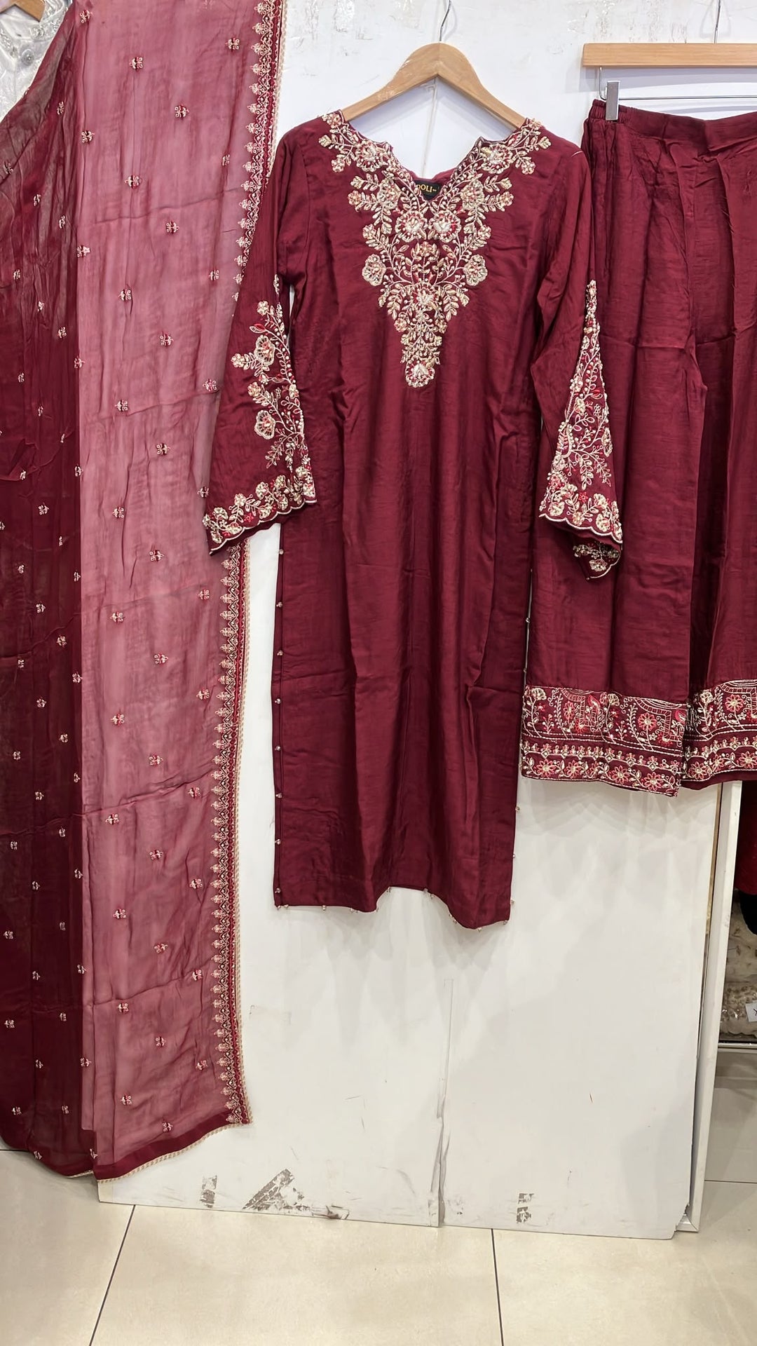 360B- Red Embroidered Silk 3 Piece Suit