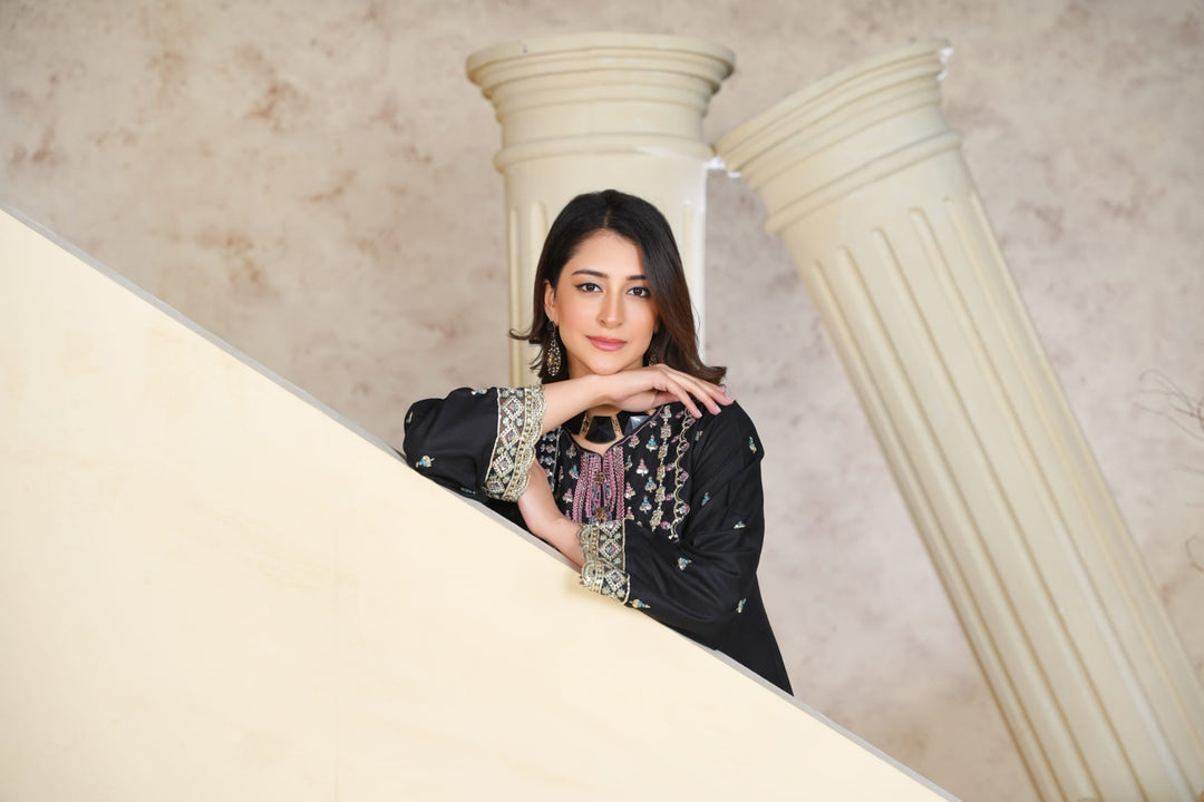 1162A - Black Embroidered Linen 3 Piece Sharara suit