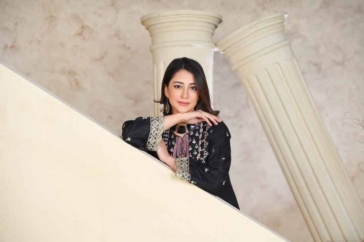 1162A - Black Embroidered Linen 3 Piece Sharara suit