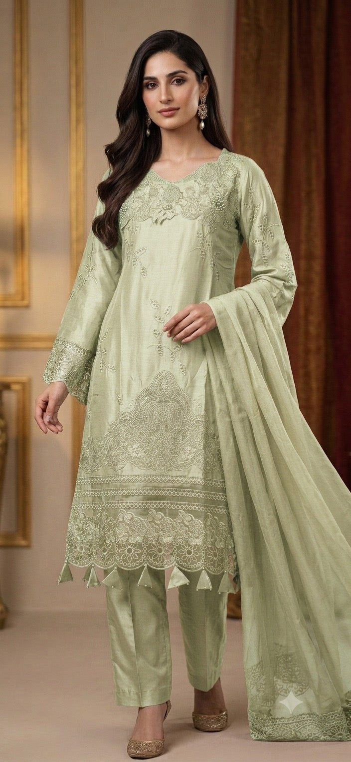 1115B - Light Green Embroidered Viscose 3 Piece suit