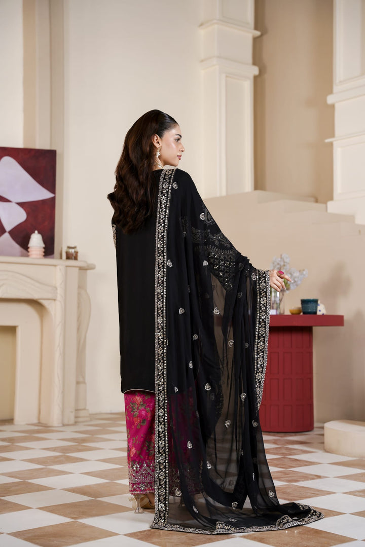 333C - Black/Pink Embroidered Shamoz Silk 3 Piece Suit