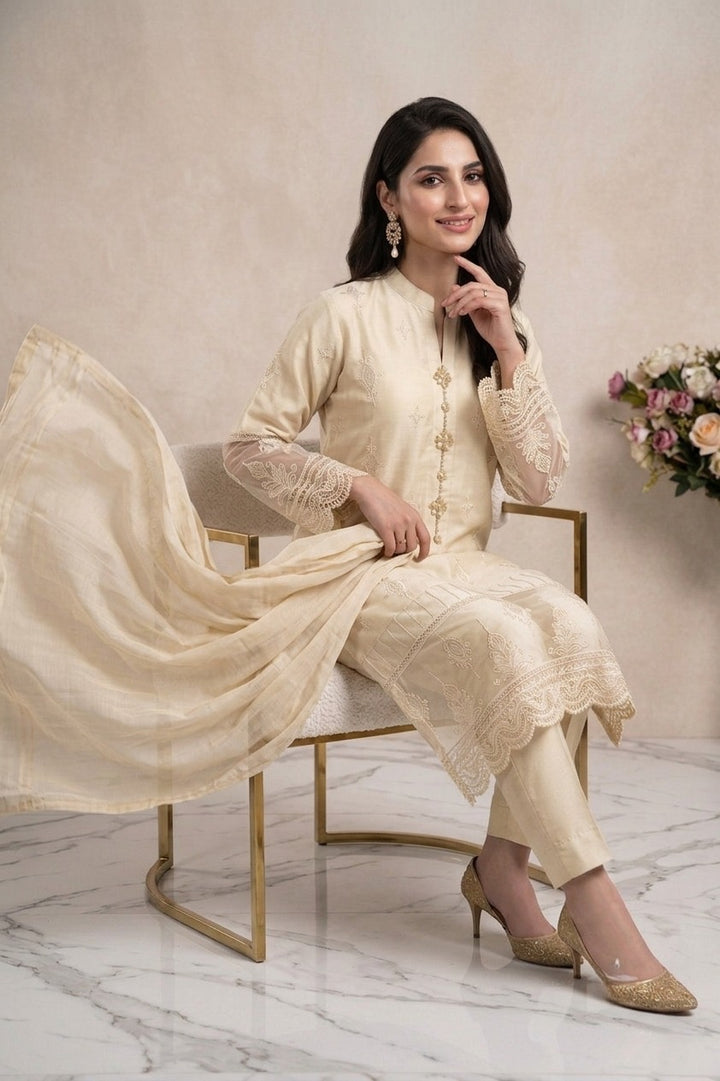 1114G - Light Beige Embroidered Linen 3 Piece suit