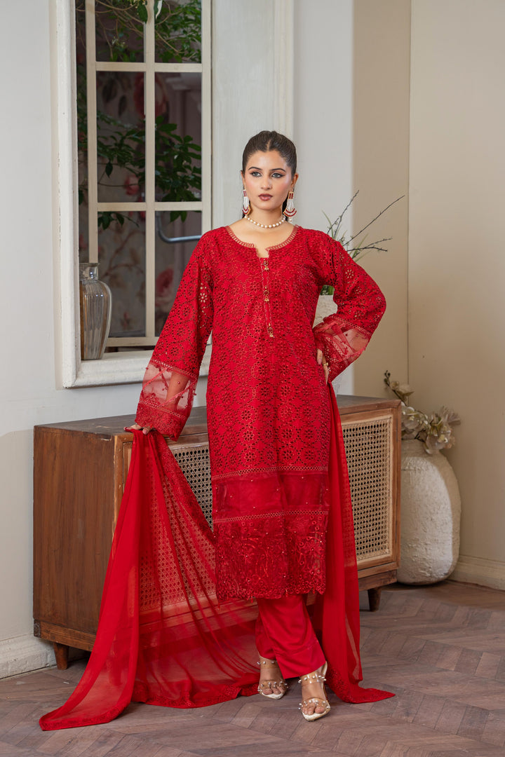 1143B - Red Embroidered Linen 3 Piece suit