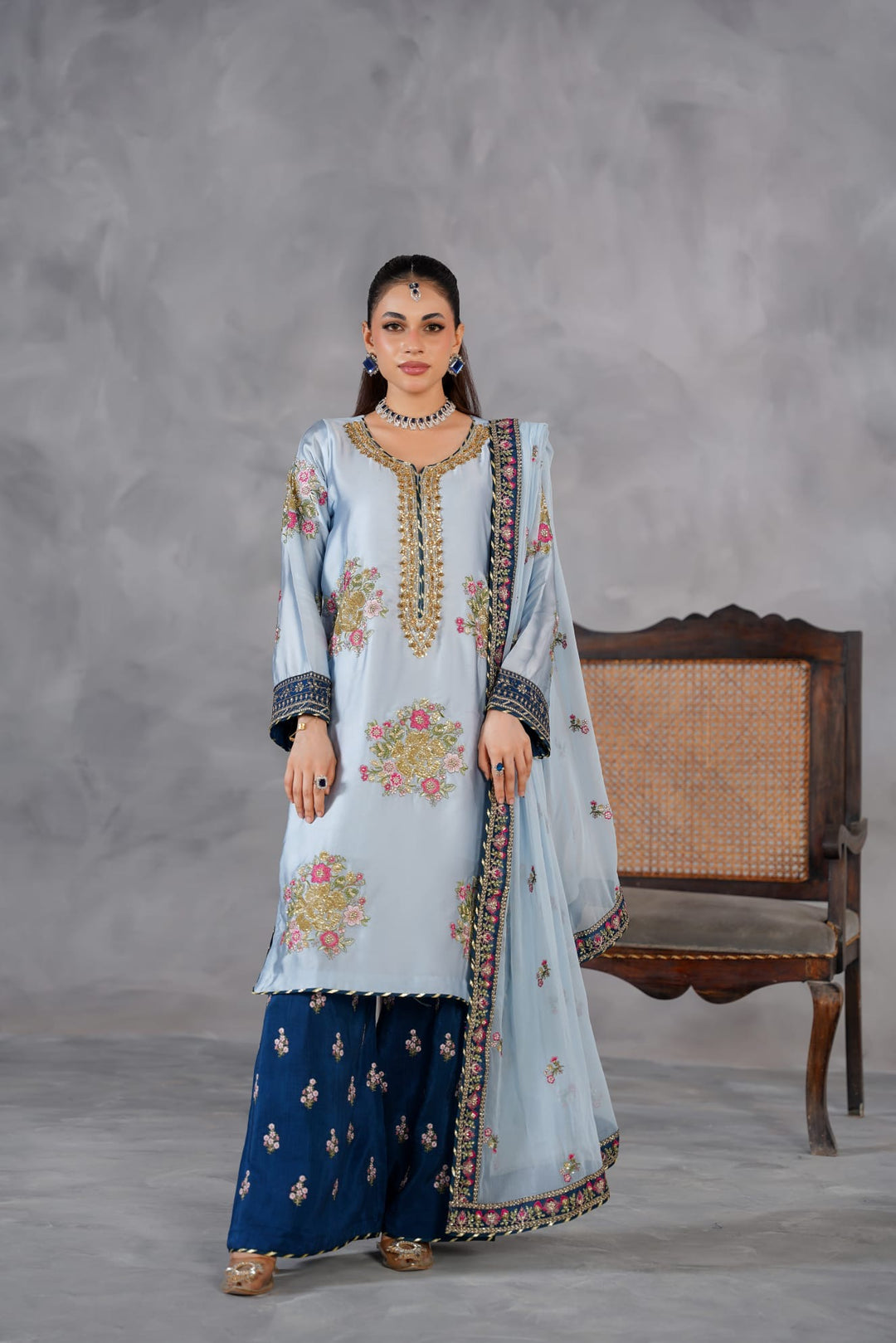 335E- Blue Embroidered Shamoz Silk 3 Piece Suit