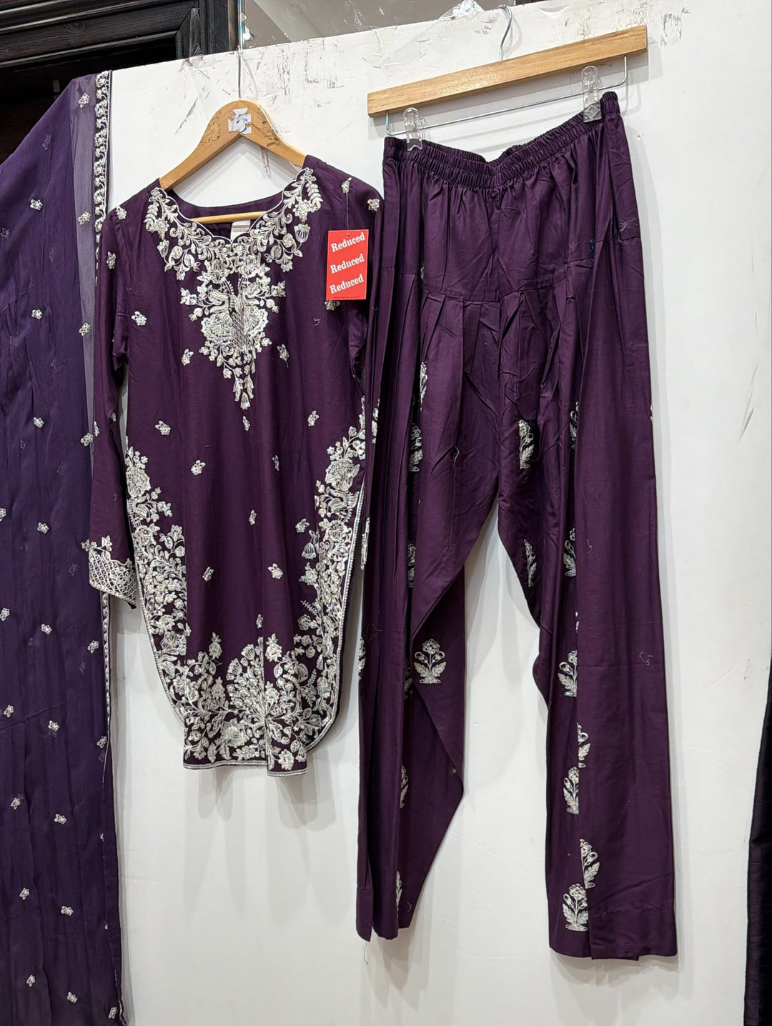 1128B - Purple Viscose Shirt with Farshi Shalwar & Chiffon Dupatta