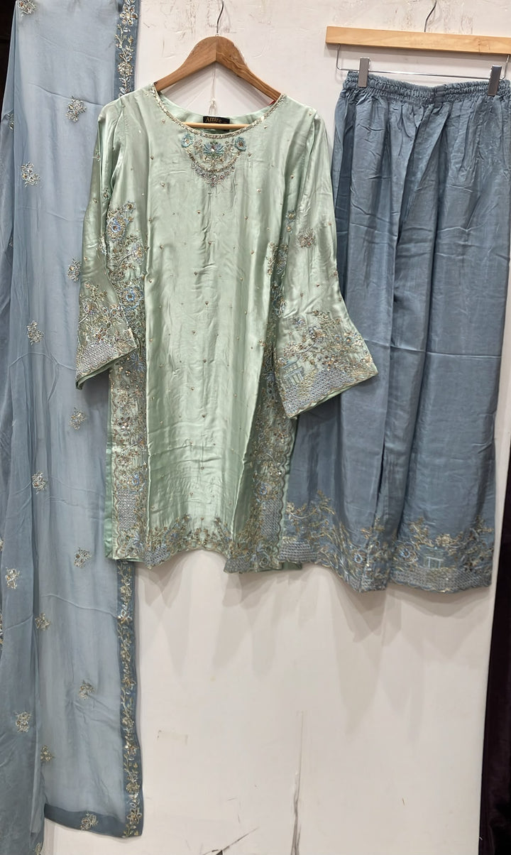 333G - Embroidered Shamoz Silk 3 Piece Suit - East meets west clothing 