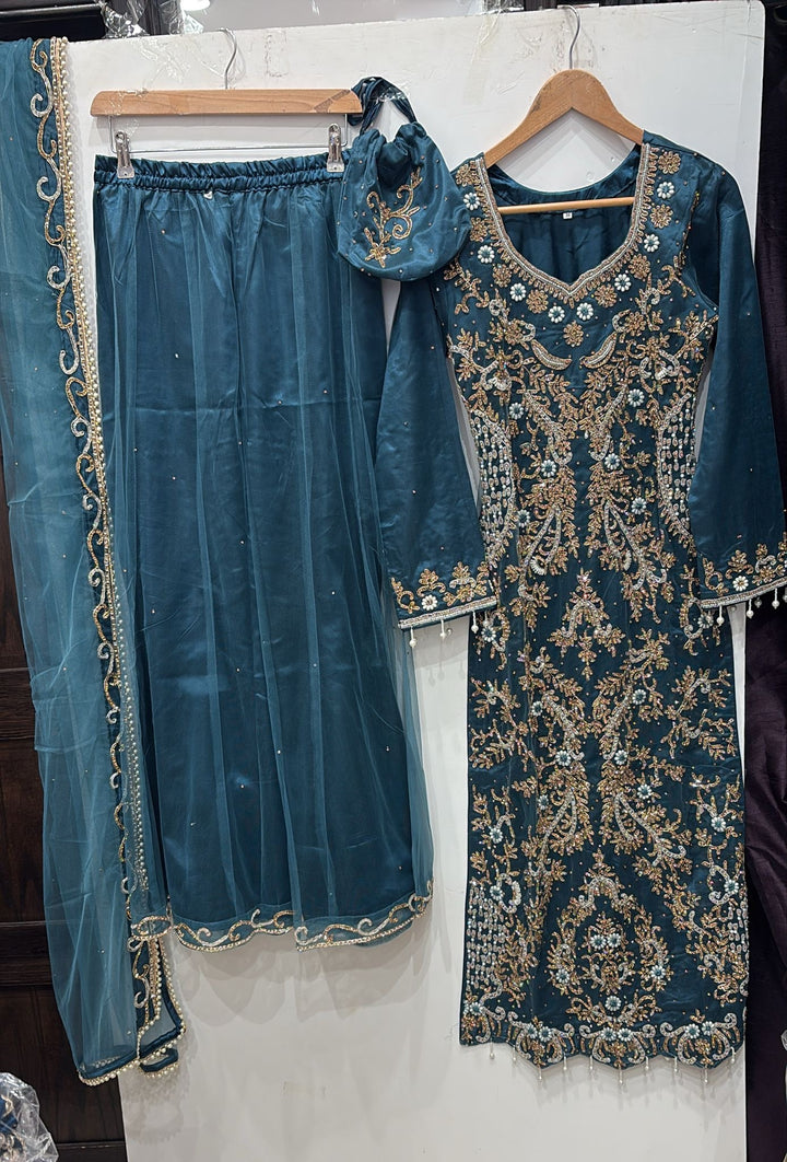 0173D- TEAL EMBROIDERED SHARARA SUIT
