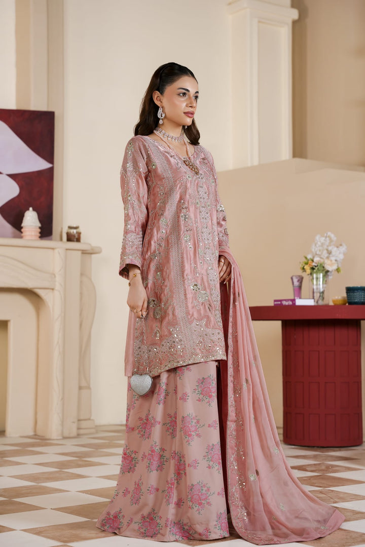 333A- Pink Embroidered Shamoz Silk 3 Piece Suit