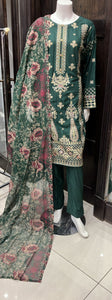 GREEN EMBROIDERED LINEN 3 PIECE SUIT 21C