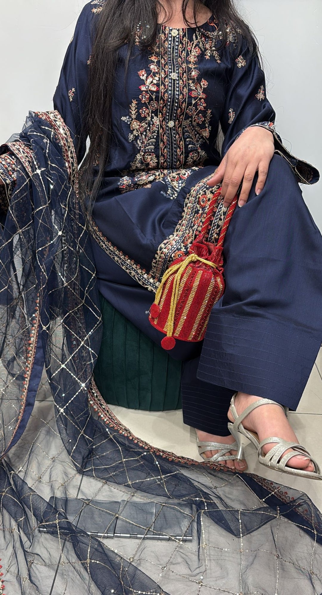 FR01 - BLUE EMBROIDERED VISCOSE SILK SUIT WITH FARSHI SHALWAR