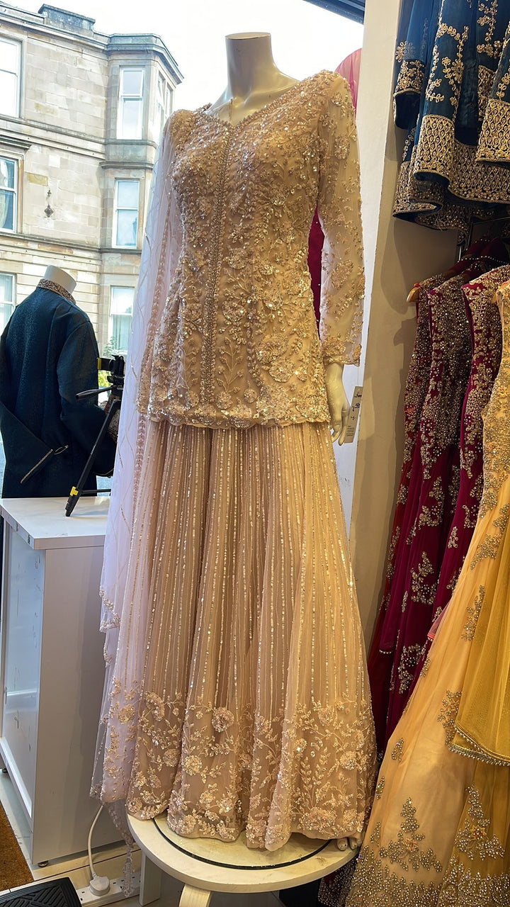 7051A - Hand-Embroidered champagne gold Sharara 3-Piece Dress