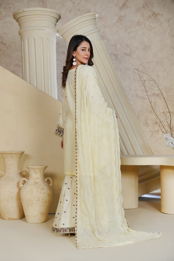 1162C - Cream Embroidered Linen 3 Piece Sharara suit