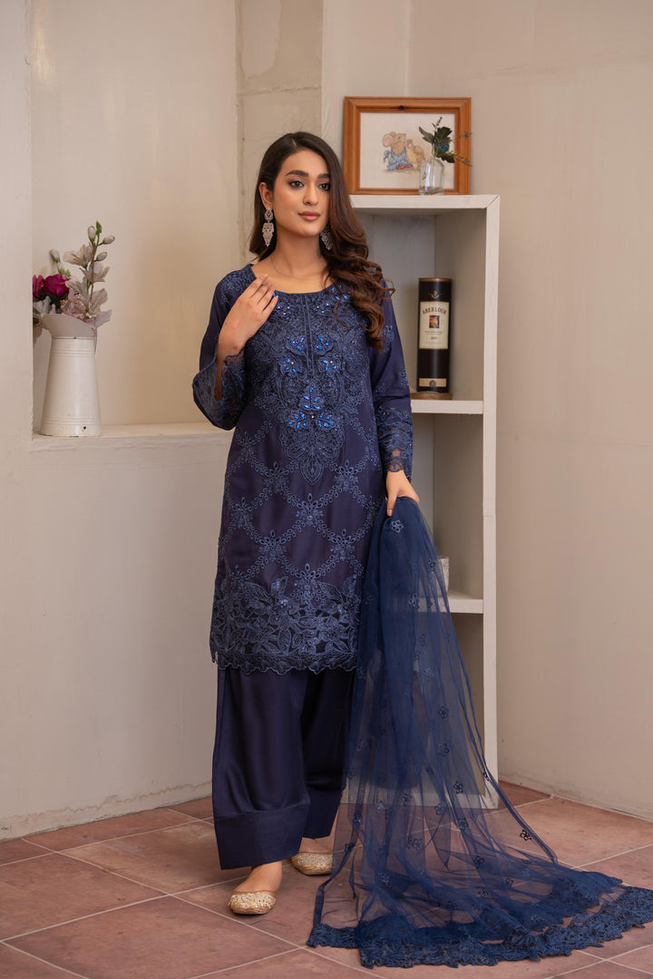 74L - Maria b inspired Blue Farshi Shalwar Embroidered Linen suit