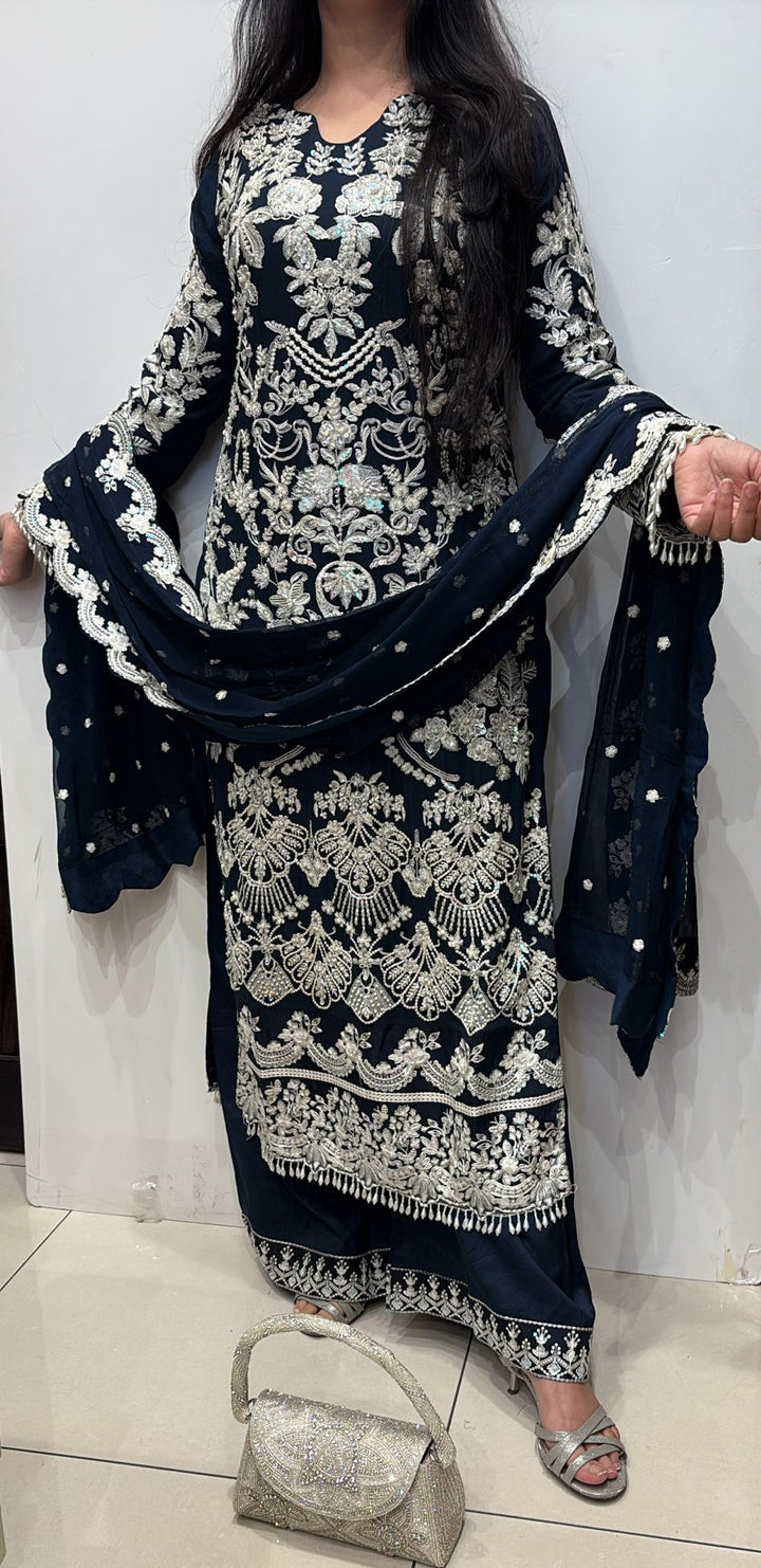 326D- Blue Embroidered Chiffon 3 Piece Suit