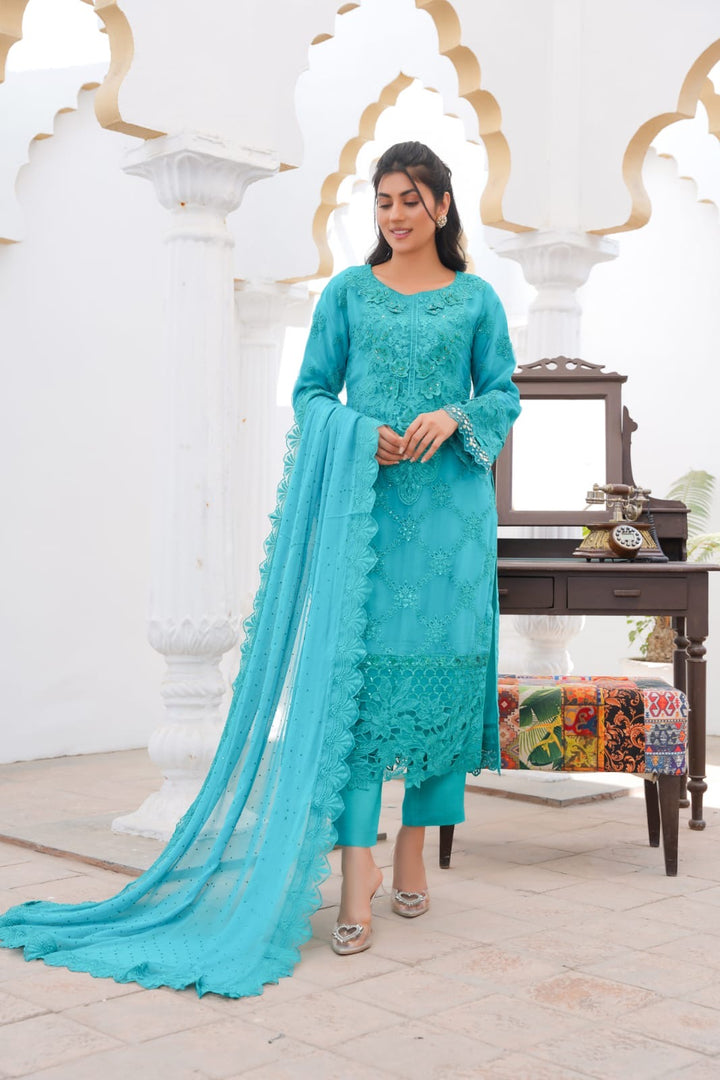 355A - Maria b inspired Turquoise Embroidered chiffon suit