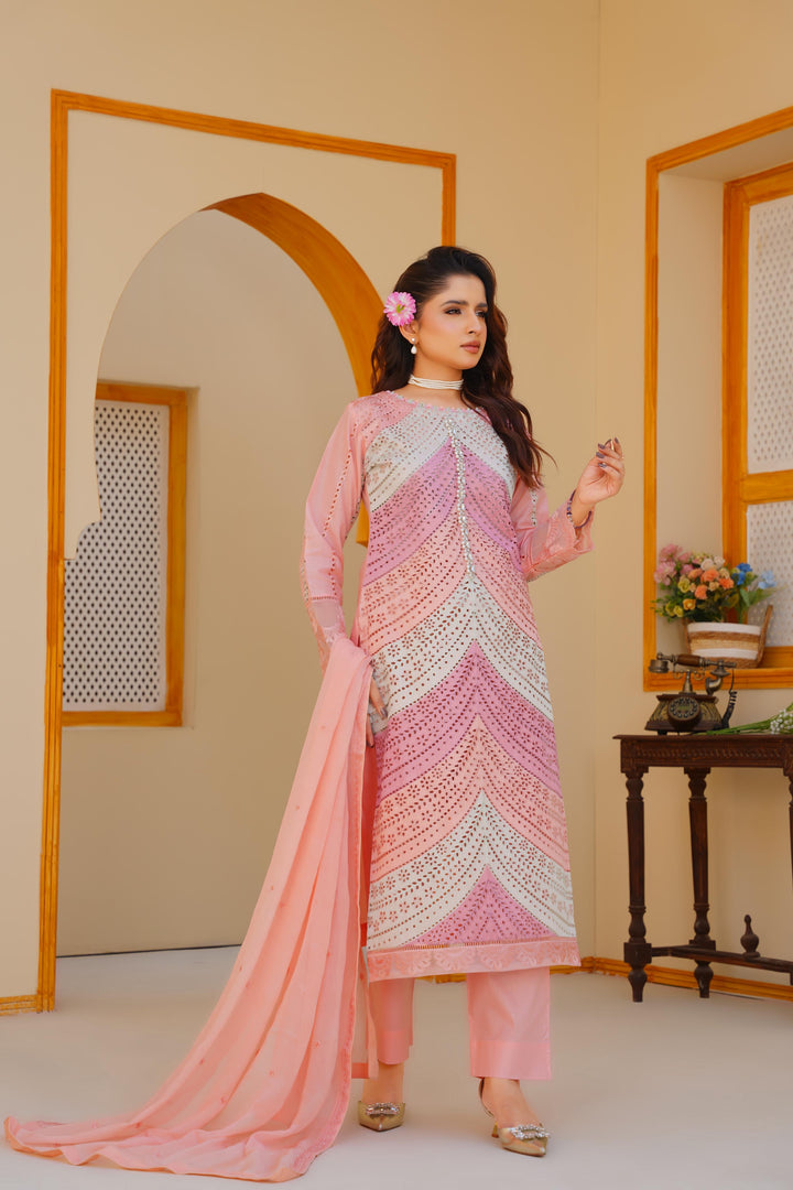 AR02 - Attire Peachy Pink Embroidered Chikankari Cotton 3 Piece suit