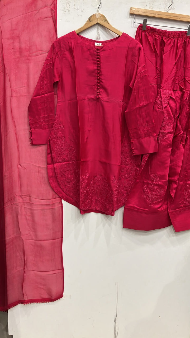 1113A - Pink Embroidered Viscose Farshi Shalwar 3 Piece suit
