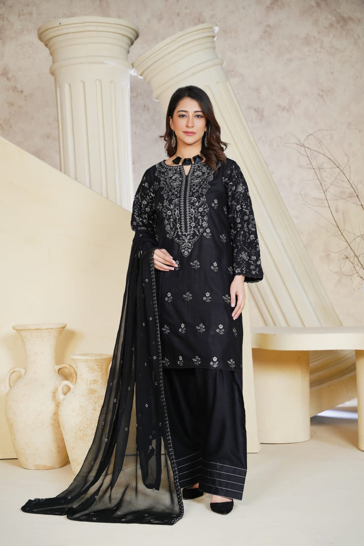 1164C- BLACK LINEN EMBROIDERED 3 PIECE SUIT FARSHI SHALWAR