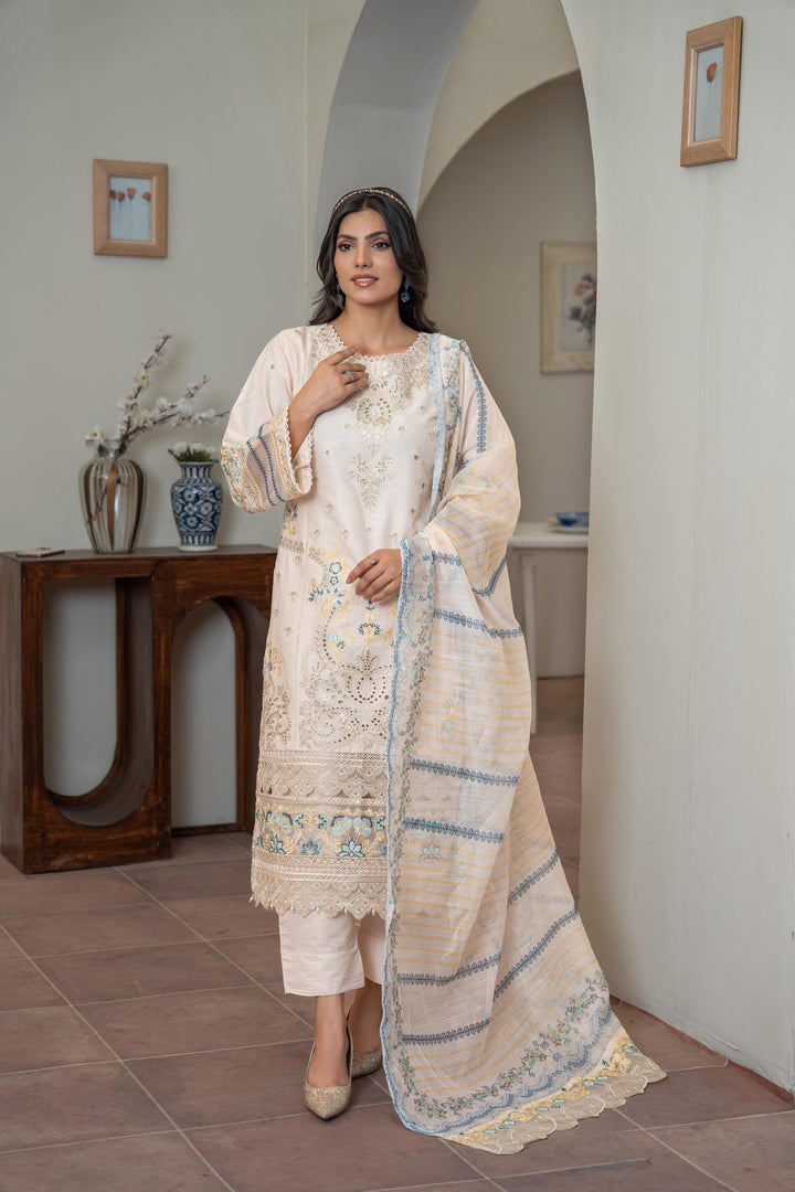 1142C - Ivory Embroidered Linen 3 Piece suit